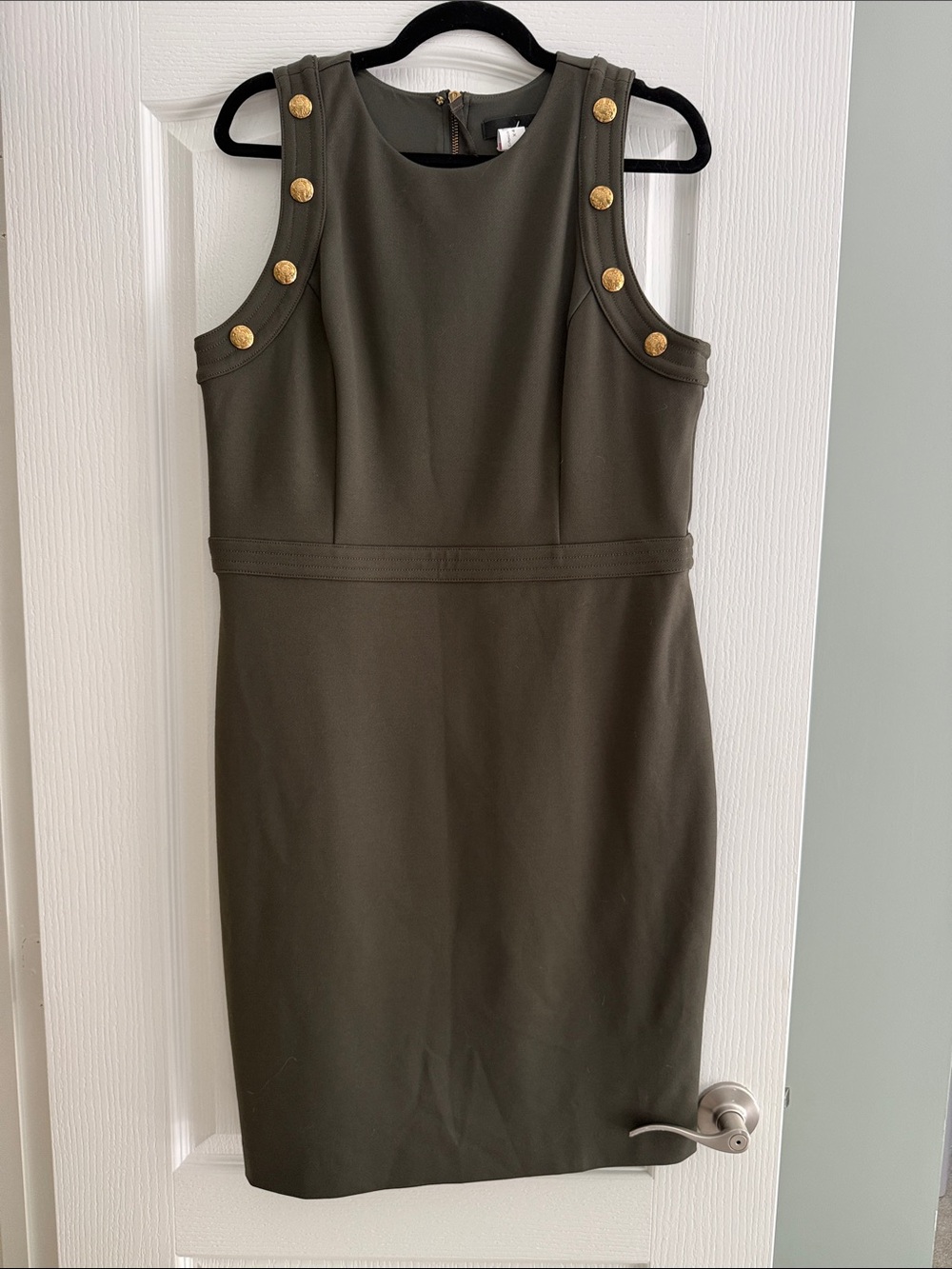 White House Black Market Olive Sheath Dress with Gold Buttons